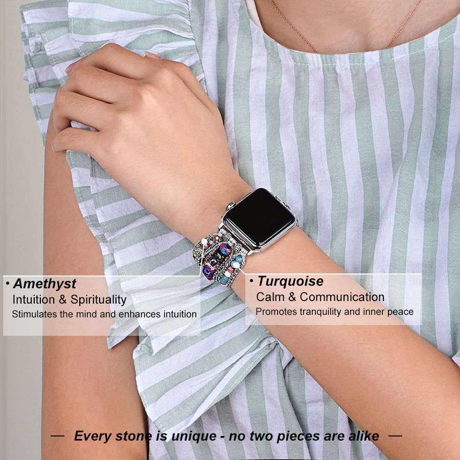 Tiger Eye Beaded Band, 3-Layer Elastic Stretchy Smart Watch Strap with Gold Decor, Compatible with iWatch Series 1-9/SE/Ultra 1-2, Fashion Boho Wristband for Women Men - view 5 of 15