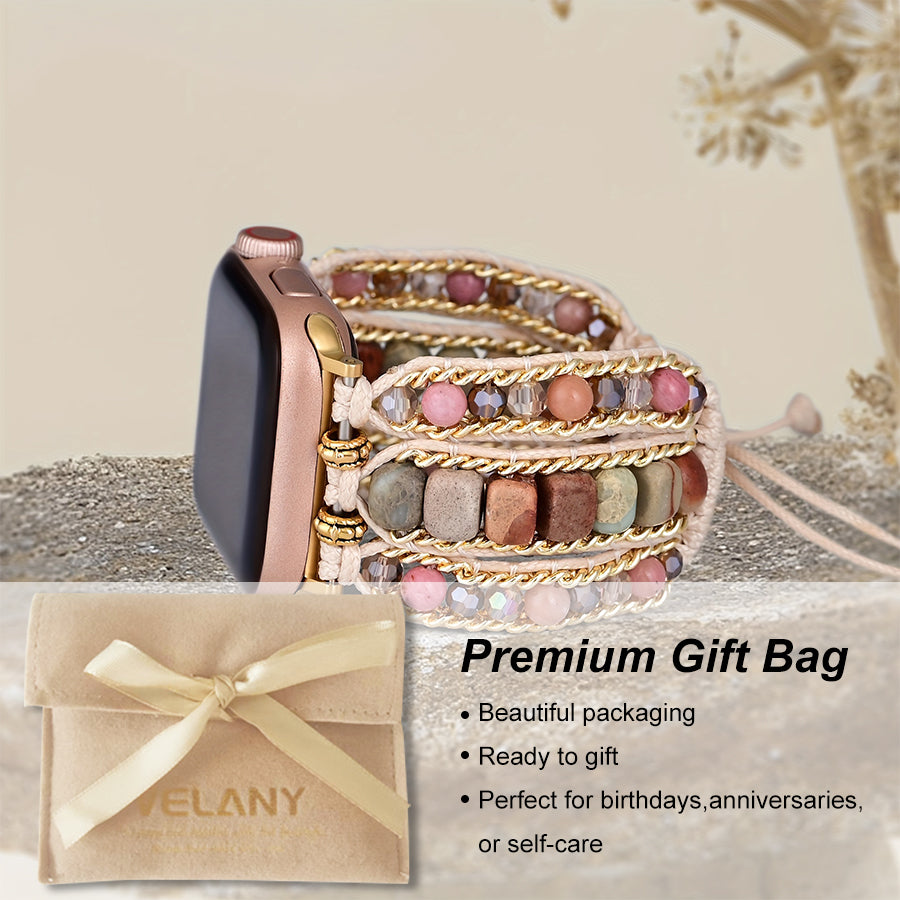 Tiger Eye Beaded Band, 3-Layer Elastic Stretchy Smart Watch Strap with Gold Decor, Compatible with iWatch Series 1-9/SE/Ultra 1-2, Fashion Boho Wristband for Women Men - view 11 of 15