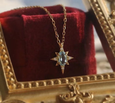 Vintage Blue Topaz Diamond Star Necklace in 14K Gold, Dainty Birthstone Necklace, Personalized Gift for Her, Handmade Jewelry