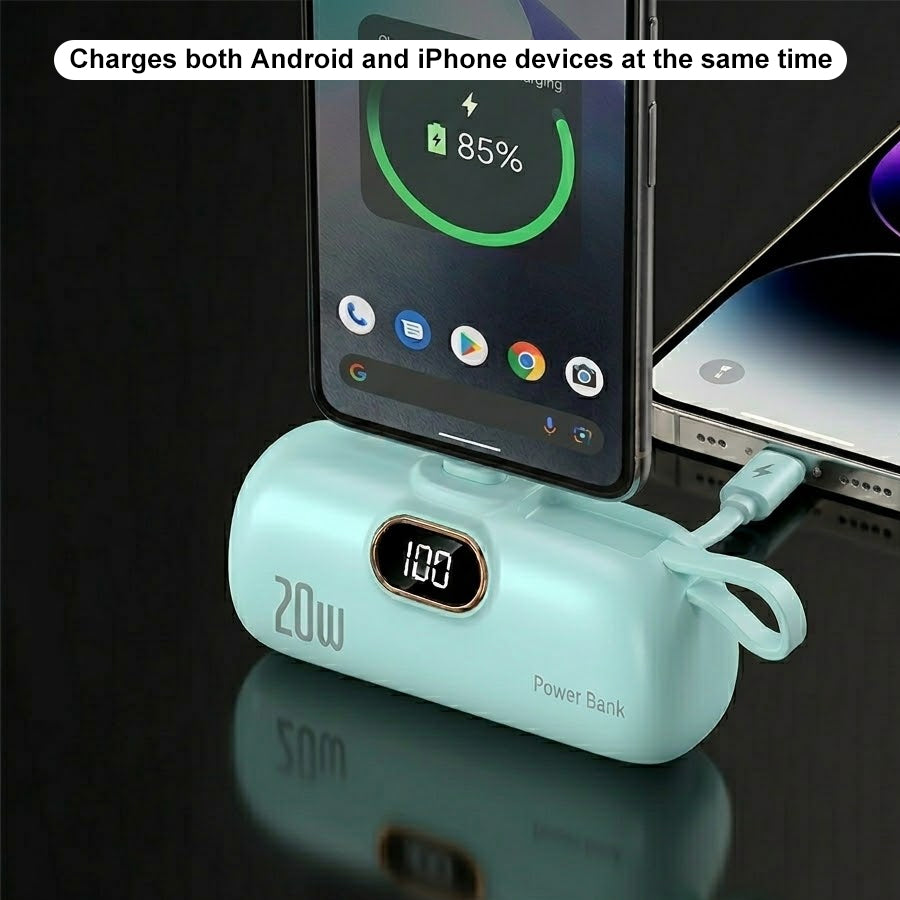 Portable Power Bank (5000mAh) — Supports PD Fast Charging, Compact Direct-Plug Design, with LED Display; Compatible with iOS and Android Phones, Includes Type-C Plug and Charging Cable (1-Pack) — green - view 7 of 8