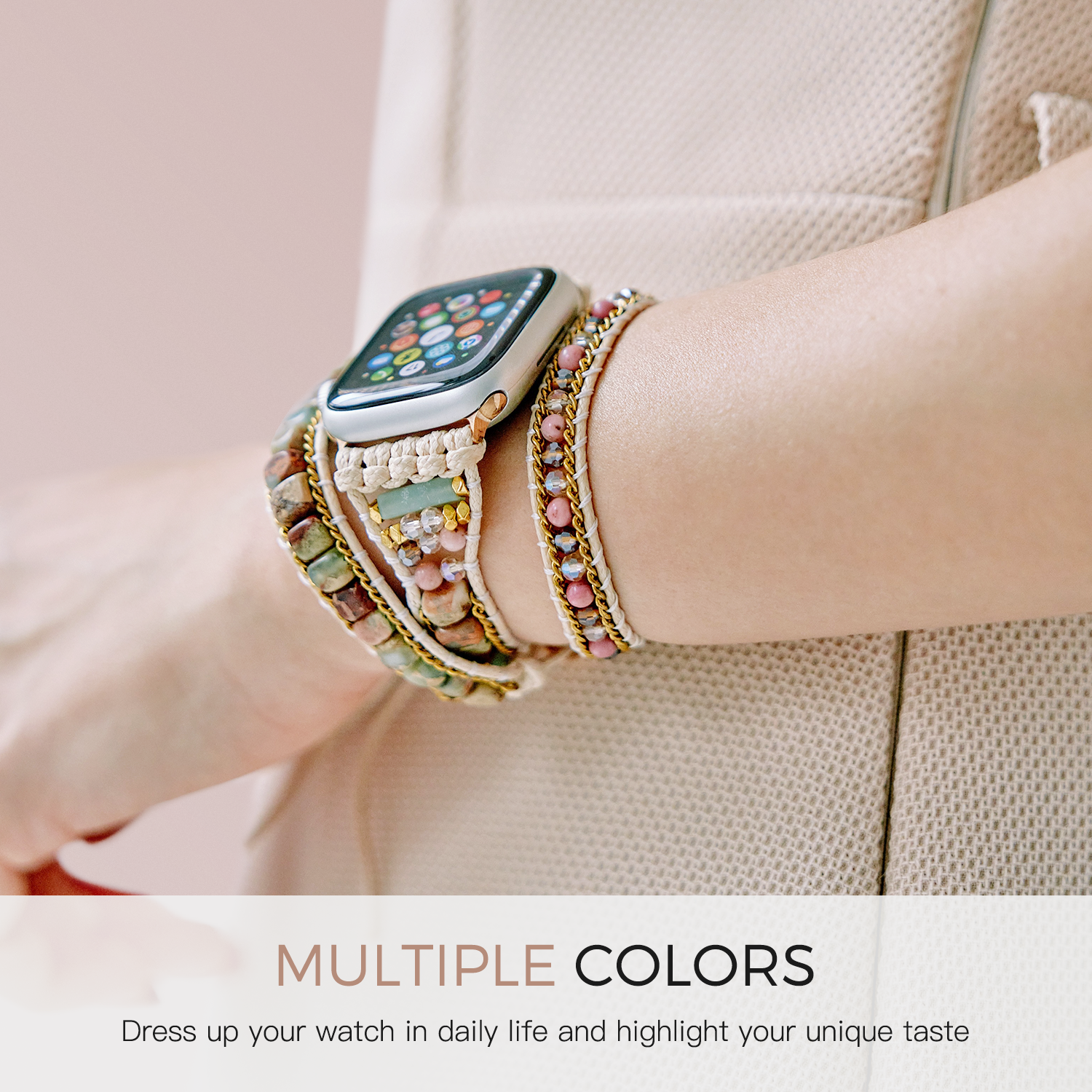 Mahogany Grain Boho Beaded Apple Watch Band – Handmade Natural Stone Bracelet Strap - view 3 of 7