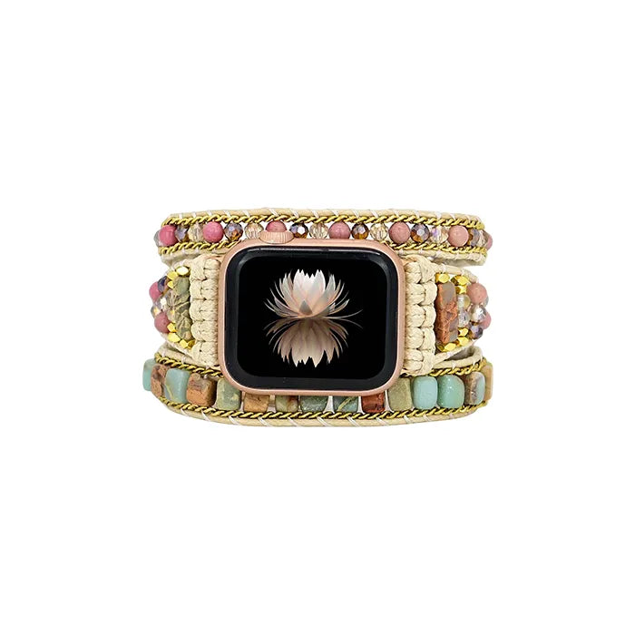 Mahogany Grain Boho Beaded Apple Watch Band – Handmade Natural Stone Bracelet Strap
