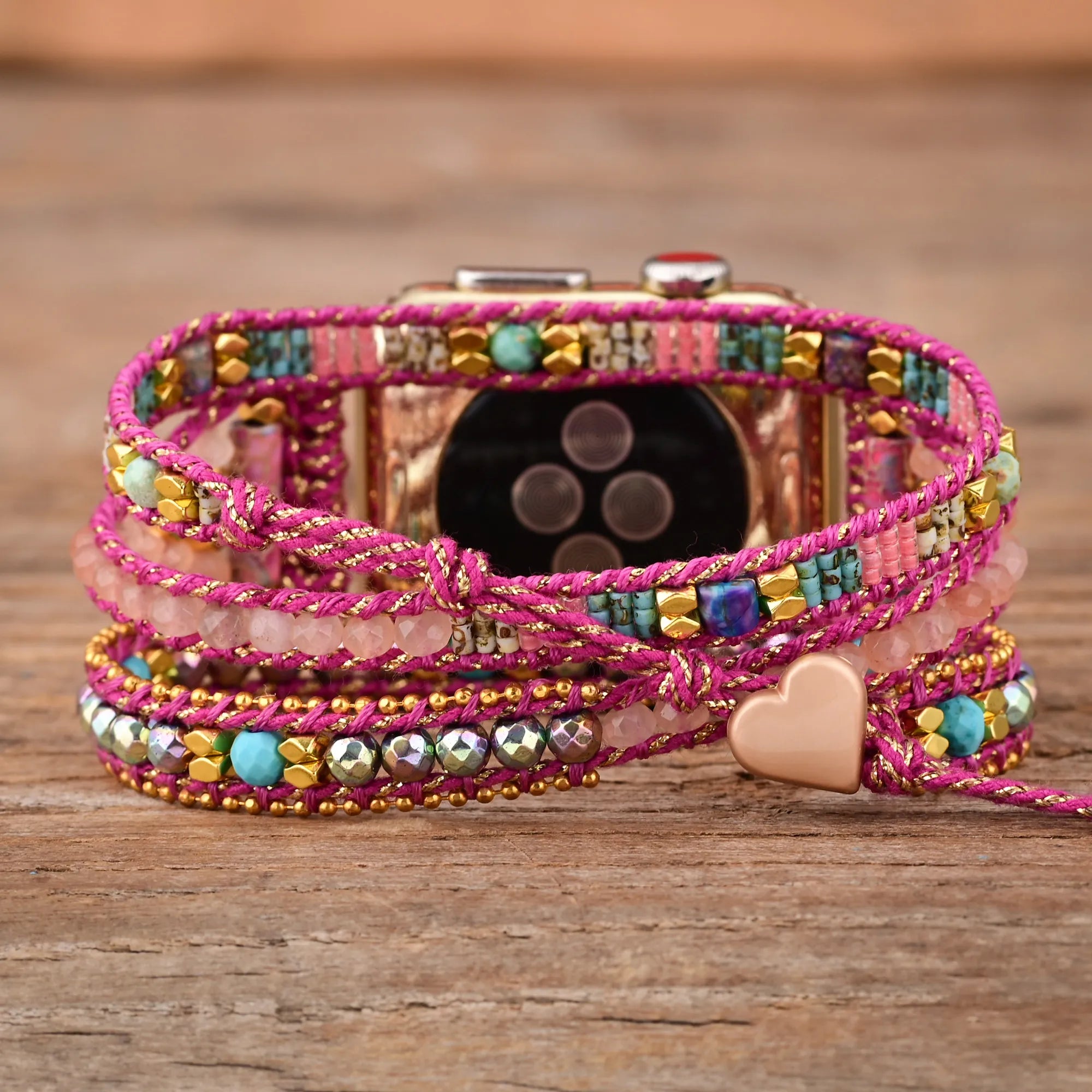 boho rose quartz smartwatch band - handmade rose quartz beaded watch band - natural rose quartz crystal strap - adjustable rose quartz band for apple watch - rose quartz watch band close-up view - rose quartz gemstone band for women - natural stone rose quartz apple watch strap - rose quartz crystal watch band in natural light - boho style rose quartz smartwatch band - elegant rose quartz bracelet watch band